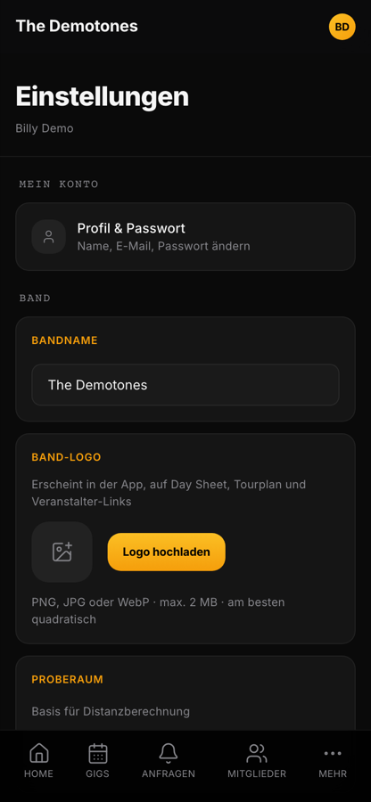 Bandycal Einstellungen mit Bandname, Band-Logo und Proberaum-Adresse