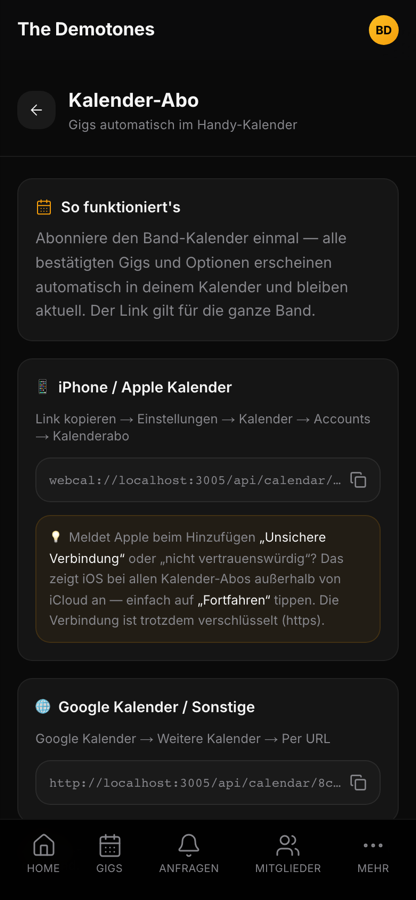 Bandycal Kalender-Abo mit Anleitung für iPhone und Google