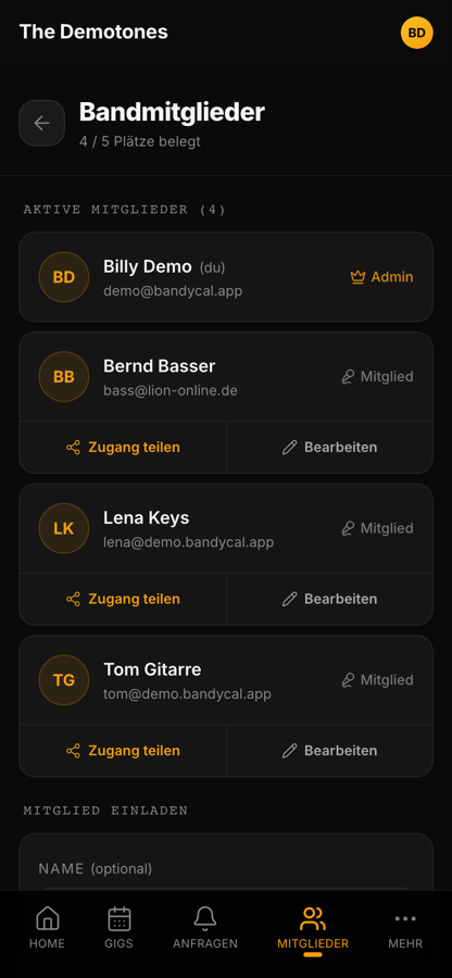 Bandycal Mitgliederliste mit Rollen und Zugang-teilen-Funktion