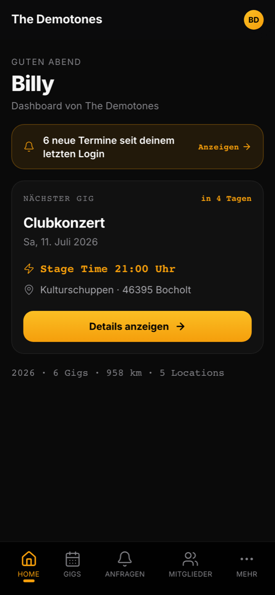 Bandycal Dashboard — nächster Gig auf einen Blick