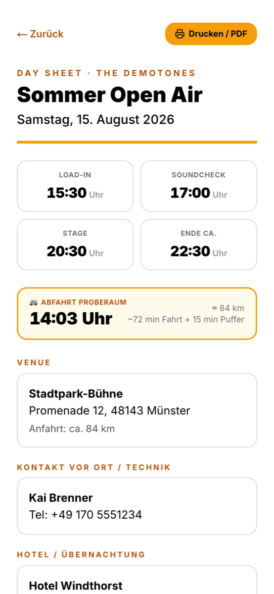 Bandycal Day Sheet mit berechneter Abfahrtszeit
