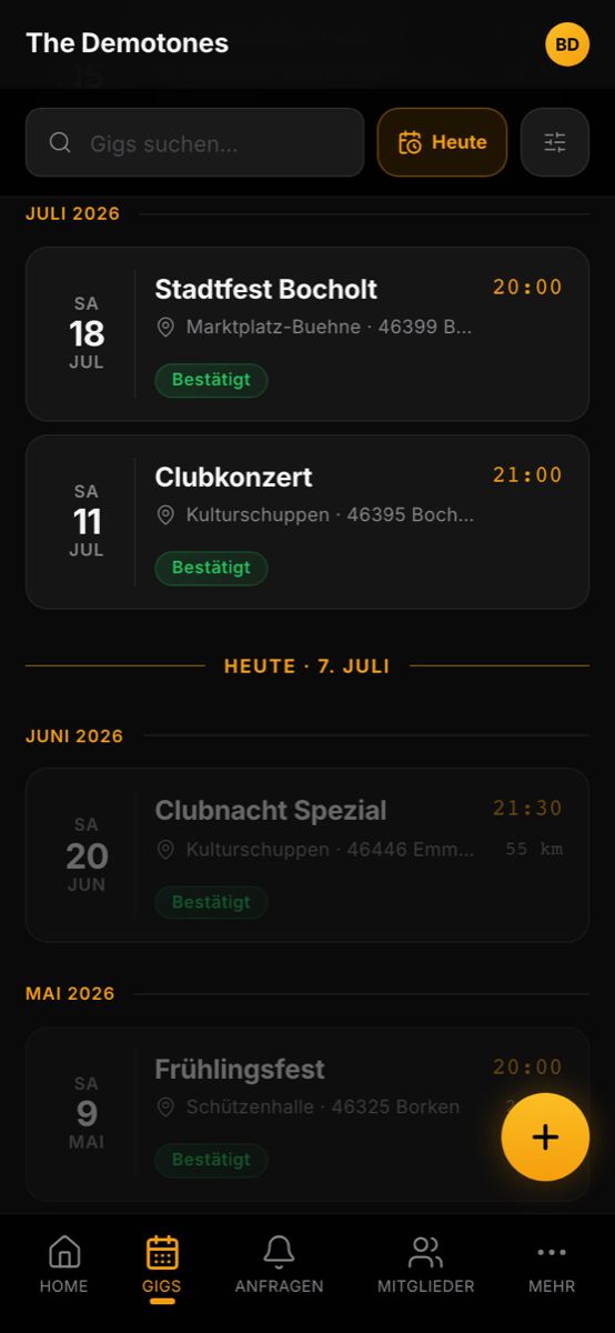 Bandycal Gig-Liste mit Heute-Marker
