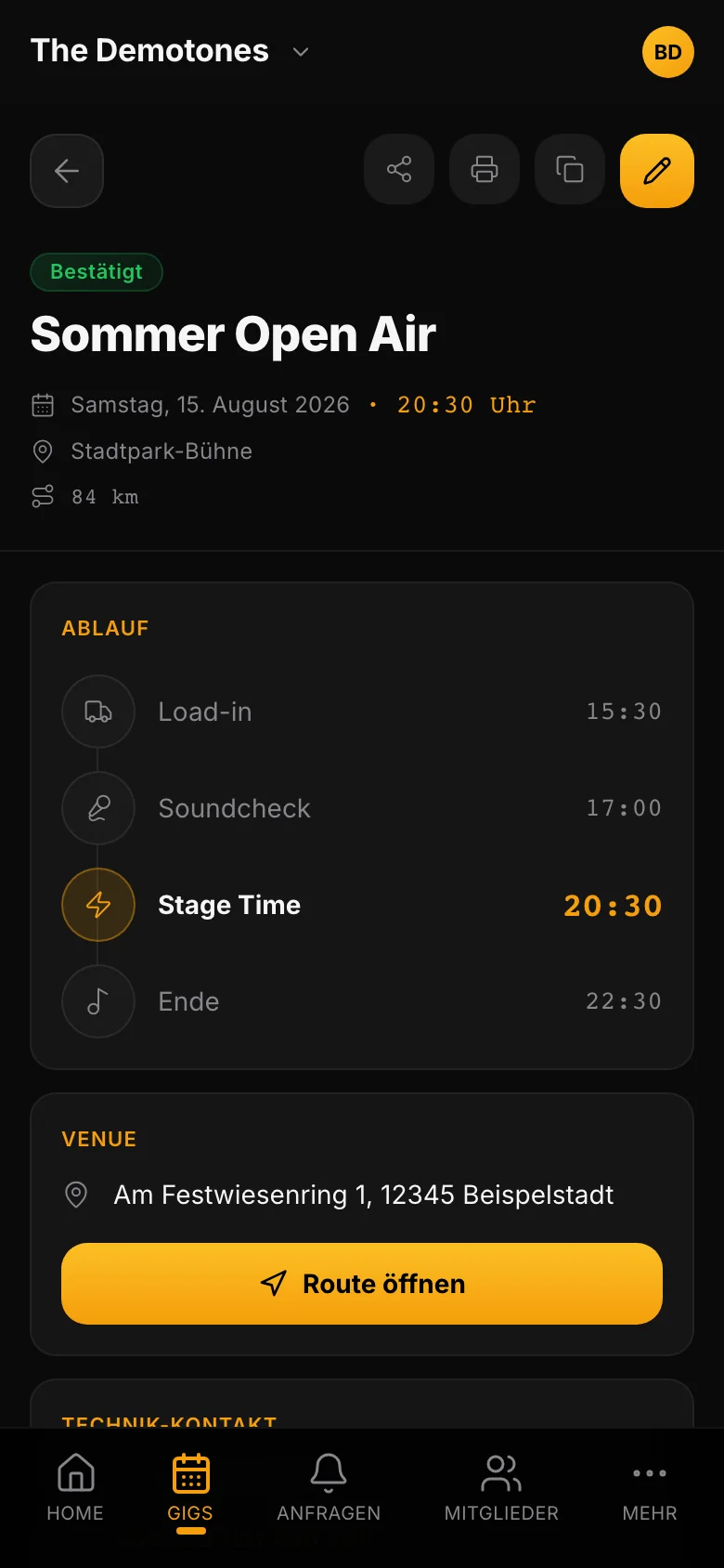 Gig-Detail in Bandycal: bestätigter Gig „Sommer Open Air“ mit Entfernung, Ablauf von Load-in bis Ende und der Venue-Adresse mit Route-Button.
